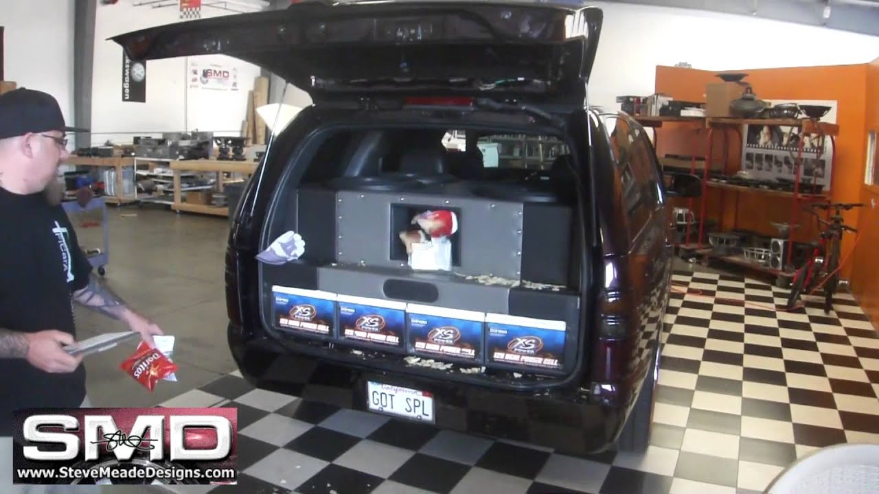 SOUND SYSTEM BASS DISINTEGRATES BAG OF CHIPS - 4 18" woofers 30,000 Watts