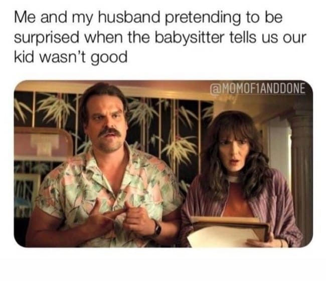 funny pretending to be surprised marriage meme, pretending to be surprised when the babysitter says our kid wasn't good marriage meme, funny babysitter marriage meme, babysitter marriage meme