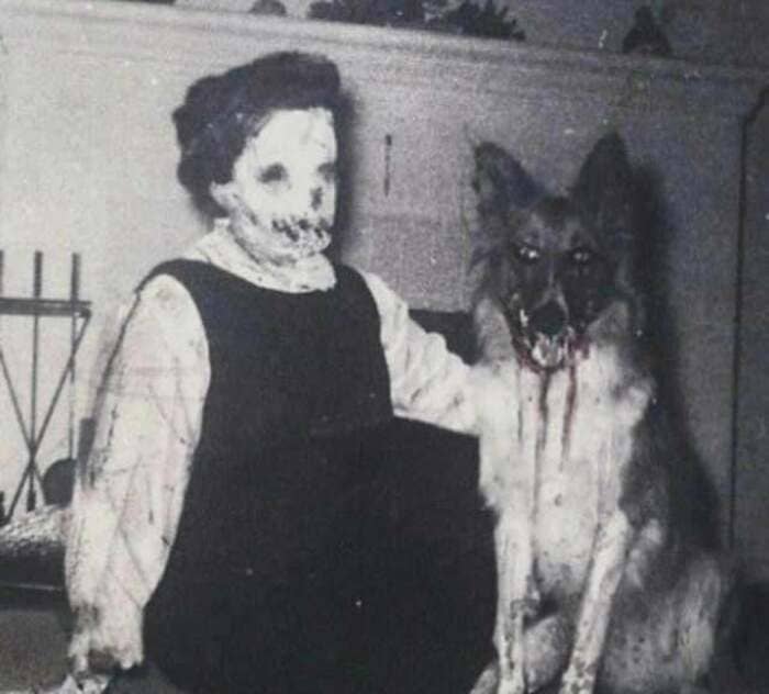 creepy picture of girl with dog, cursed picture of girl with dog, cursed old picture, cursed black and white image, cursed image, cringe image