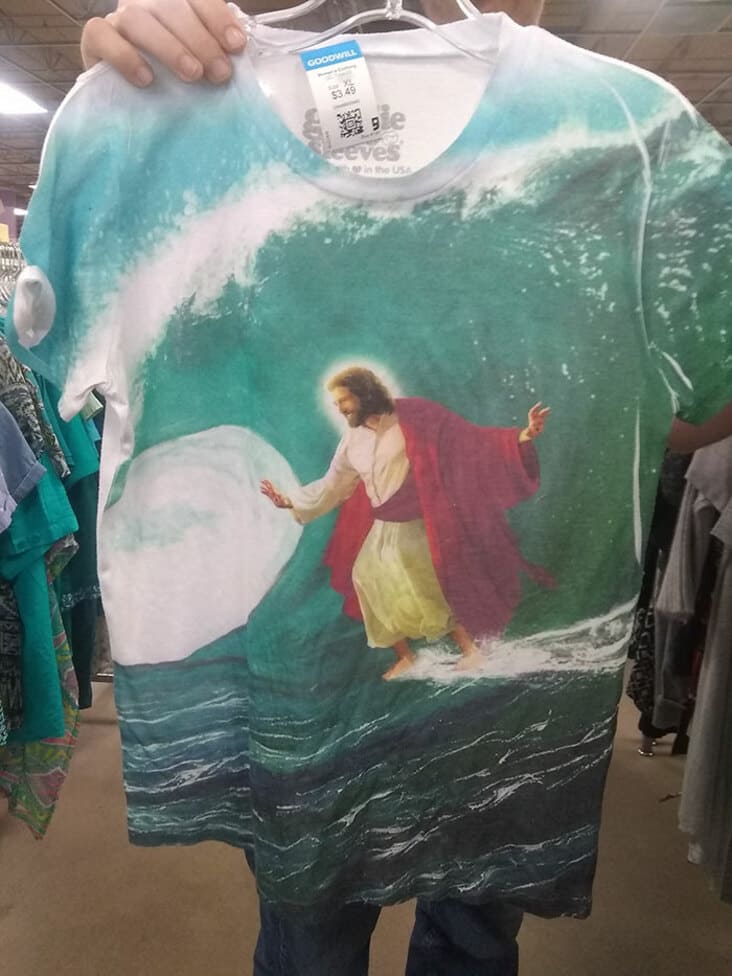 surfing jesus shirt, thrift shopping finds, secondhand finds, thrift store finds, funny thrift store finds, funny secondhand finds, funny second hand find, funny second hand finds, weird second hand find, funny thrift shop find, funny thrift finds, funny thrift find, strange thrift finds, weird thrift store find, strange thrift store find, weird thrift store finds, thrift store finds, weird secondhand finds, weird secondhand finds that just need to be shared