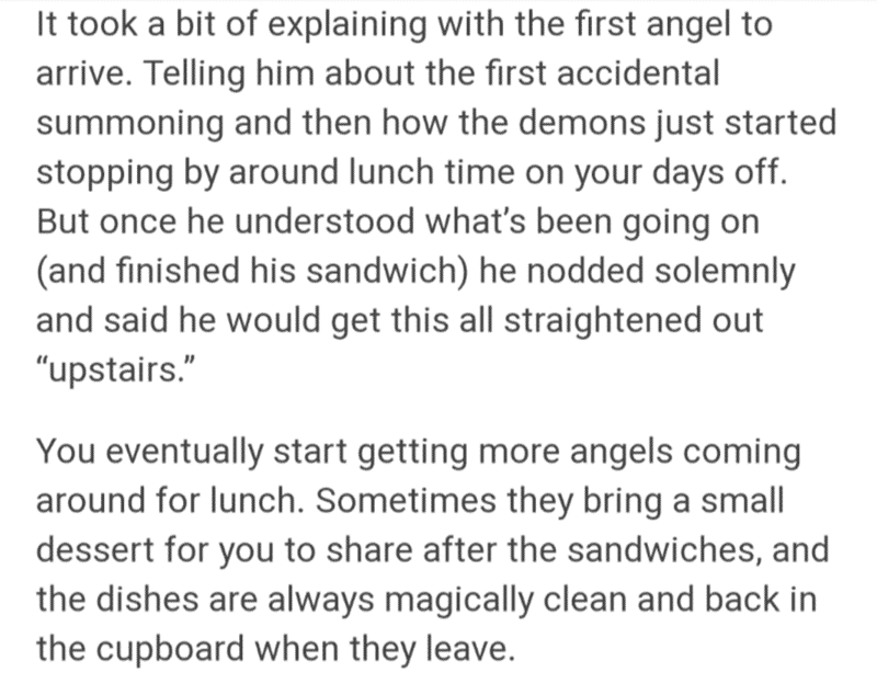 writing-prompt-s tumblr, teawitch tumblr, geeko-sapiens tumblr, just-for-ship tumblr, while making a sandwich you summon a demon, while making a sandwich you accidentally summon a demon, you make a demon a sandwich, demons visit for sandwiches, demons visiting for sandwich, demons visit for sandwiches and conversation, angels and demons unite over sandwiches, angels visiting for sandwiches, angels visit for sandwiches, angels and demons visit for sandwiches, angels and demons tumblr, angels and demons tumblr thread, summon a demon tumblr, summon a demon with sandwich, summoned a demon tumblr, summoned a demon with sandwich, writing prompt summoned demon by making sandwich, writing prompt summoned demon