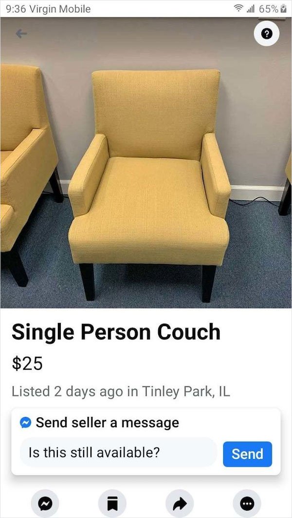 single person couch, single person couch for sale, single person couch ad, funny ad, funny advertisement