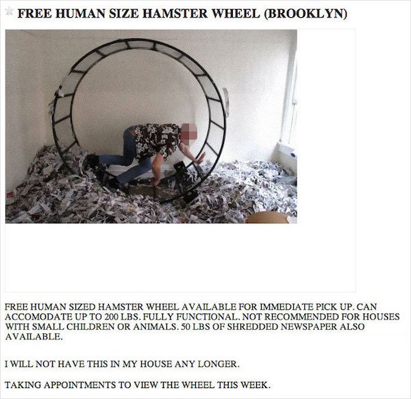 human size hamster wheel ad, human size hamster wheel advertisement, funny ad, funny craigslist ad, funny craigslist ads, craigslist ad funny