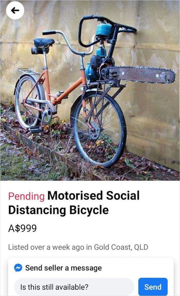 social distancing bicycle for sale, motorized social distancing bicycle, funny ad, funny advertisement
