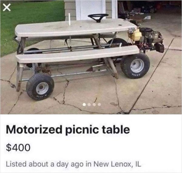 motorized picnic table ad, funny ad