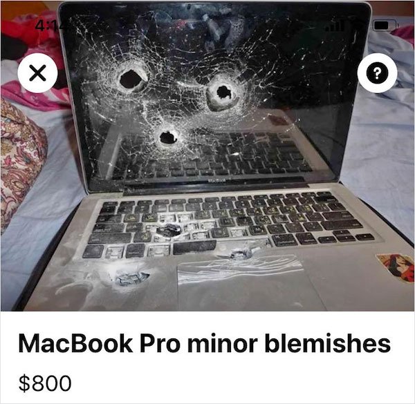 macbook pro with bullet holes for sale, funny ad, funny ads