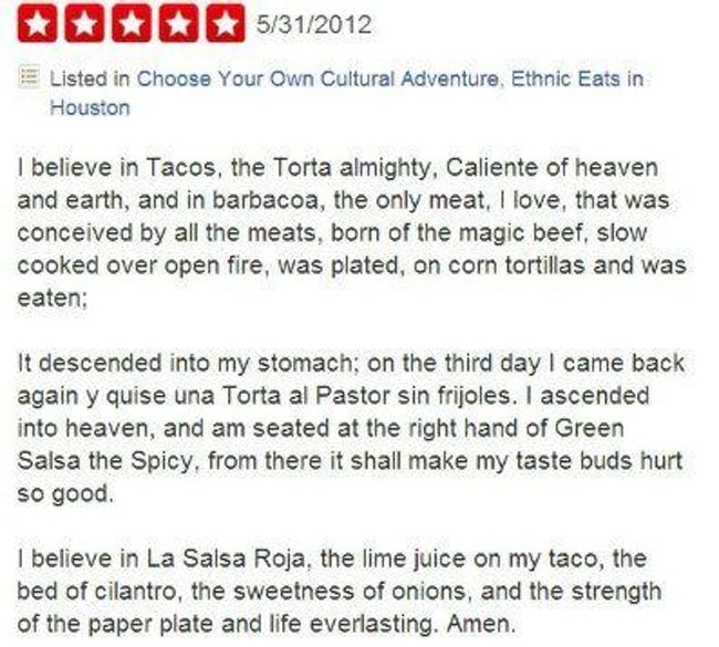 funny yelp review, i believe in tacos yelp review, funny review