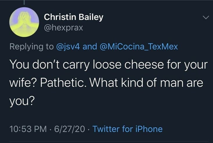 entitled couple roasted, shredded cheese couple roasted, entitled shredded cheese couple roasted, entitled couple roasted on twitter, entitled shredded cheese tweet, entitled people tweet, entitled couple shredded cheese, entitled couple roasted on twitter shredded cheese, @jsv4 shredded cheese, @micocina_texmex shredded cheese, couple had to wait for cheese, sad lady had to wait for cheese, lady unable to eat fajitas without shredded cheese, @micocina_texmex unable to eat fajitas without shredded cheese, lady can’t eat fajitas without shredded cheese