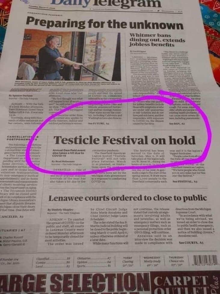 testicle festival on hold, dirty newspaper title