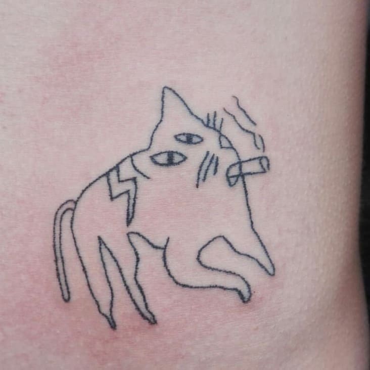 funny cat smoking tattoo, cat line drawing tattoo, line drawing tattoo, funny tattoo, funny line drawing tattoo