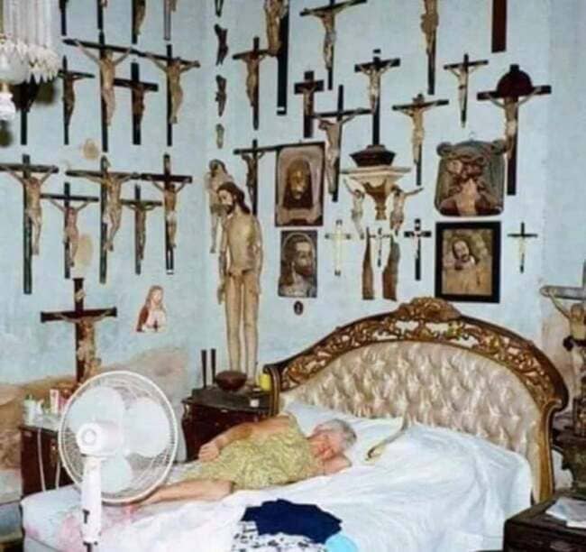 cursed bedroom, cursed bedroom with crucifixes, bedroom with a lot of crucifixes, cursed image, cursed bedroom with a lot of crucfixes