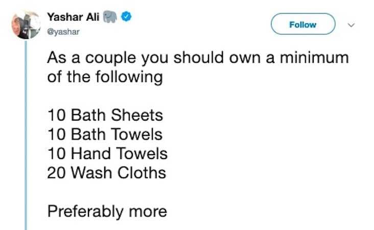 @yashar, @yashar twitter, @yashar towels, @yashar towel debate, how many towels should a couple have, how many towels you should have, how many towels debate, how many towels you should have, how many towels people should have, how many towels people should have twitter, twitter debates towels, twitter towel debate, how many towels twitter debate, how many towels twitter, correct number of towels debate, correct number of towels debate twitter, correct number of towels twitter