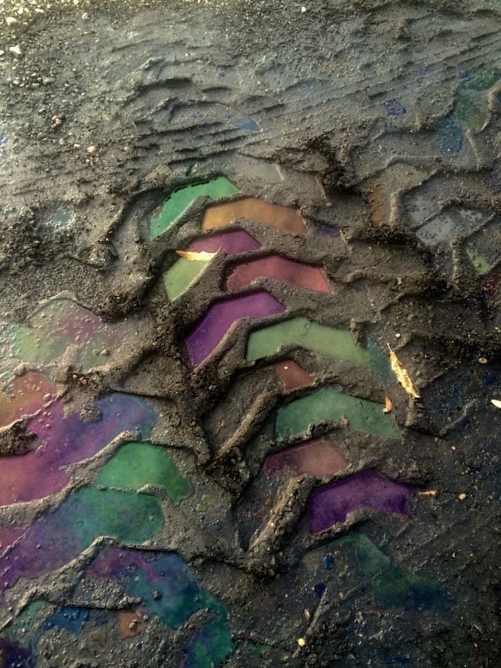 oil slick that looks like pride colors, oil slick pride colors, oil slick rainbow, oil slick in vehicle tracks, interesting oil slick