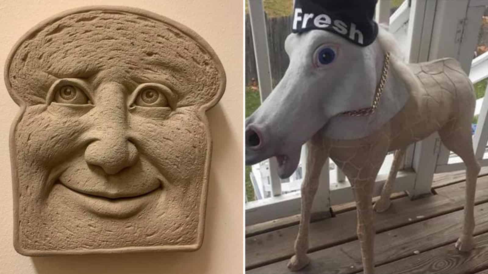 A stone face sculpture and a toy horse with a 'Fresh' hat.