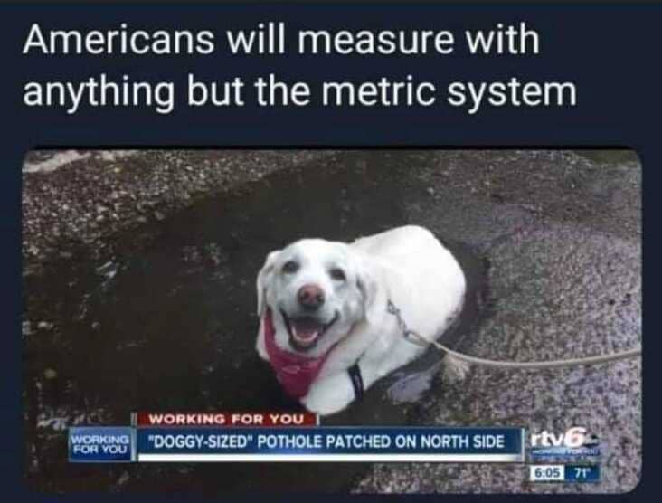 measured pothole by dog size, anything but the metric system meme, anything but the metric system memes, americans metric system meme, americans metric system memes, funny americans metric system meme, funny americans metric system memes, funny americans and the metric system meme, funny americans and the metric system memes, americans will use anything but the metric system, using anything but the metric system meme, using anything but the metric system memes, americans avoiding the metric system meme, americans avoiding the metric system memes, americans avoid the metric system meme, americans avoid the metric system memes, funny avoiding metric system meme, funny avoiding metric system memes, avoiding the metric system meme, avoiding the metric system memes, funny way to measure something, funny ways to measure something