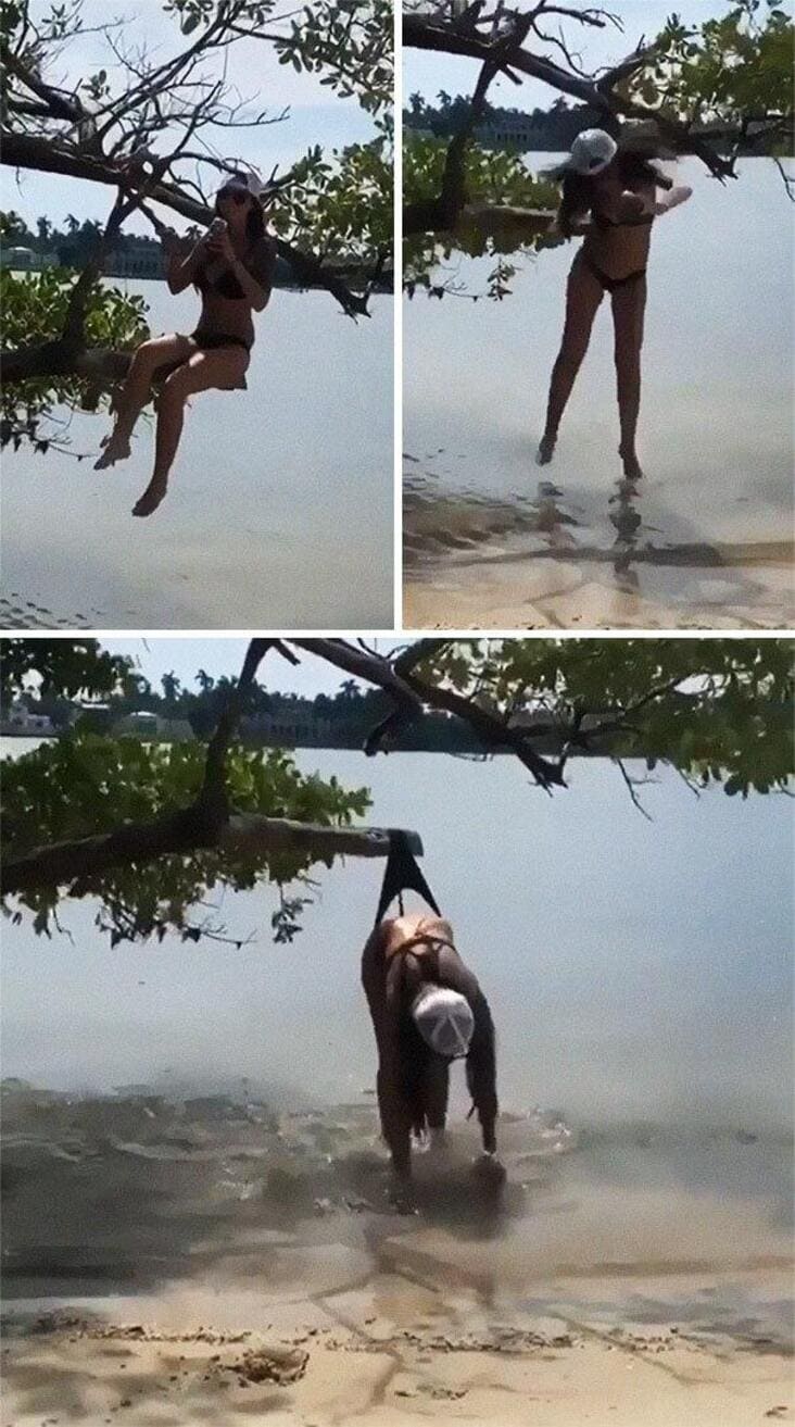 woman falling from branch and getting stuck by what appears to be bikini bottom influencer in the wild
