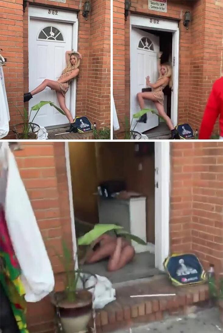 woman posing in front of door falls into door influencer in the wild