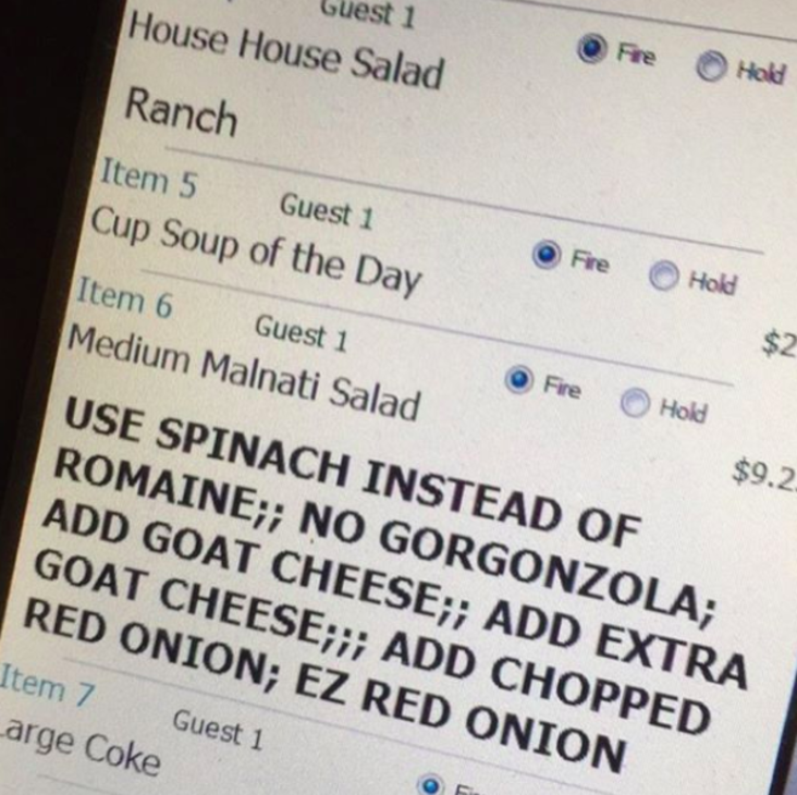 Specific salad instructions on receipt
