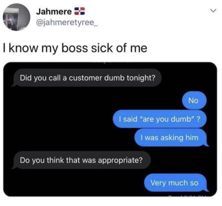 Work meme about text exchange with boss