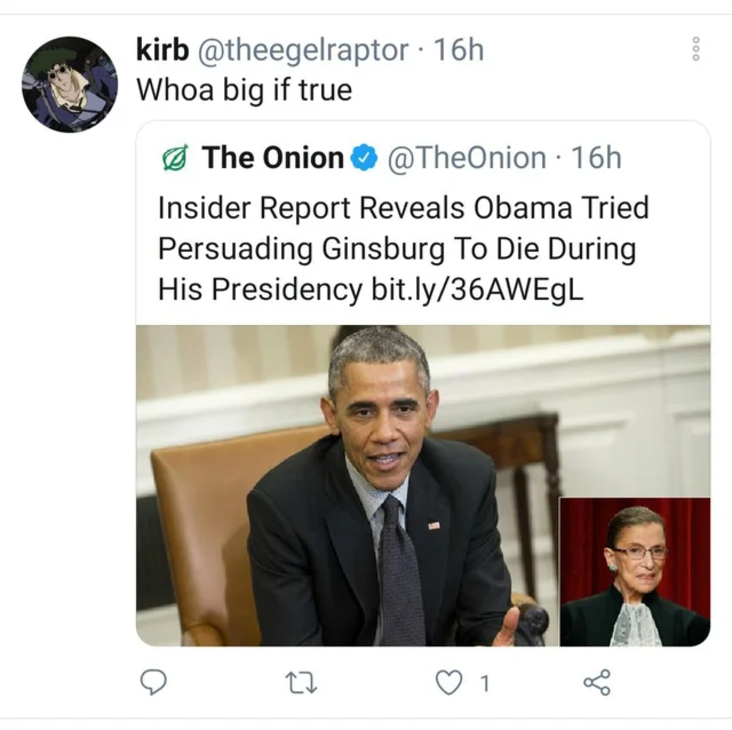 RBG Ate the Onion politics article political joke someone missed the point Obama