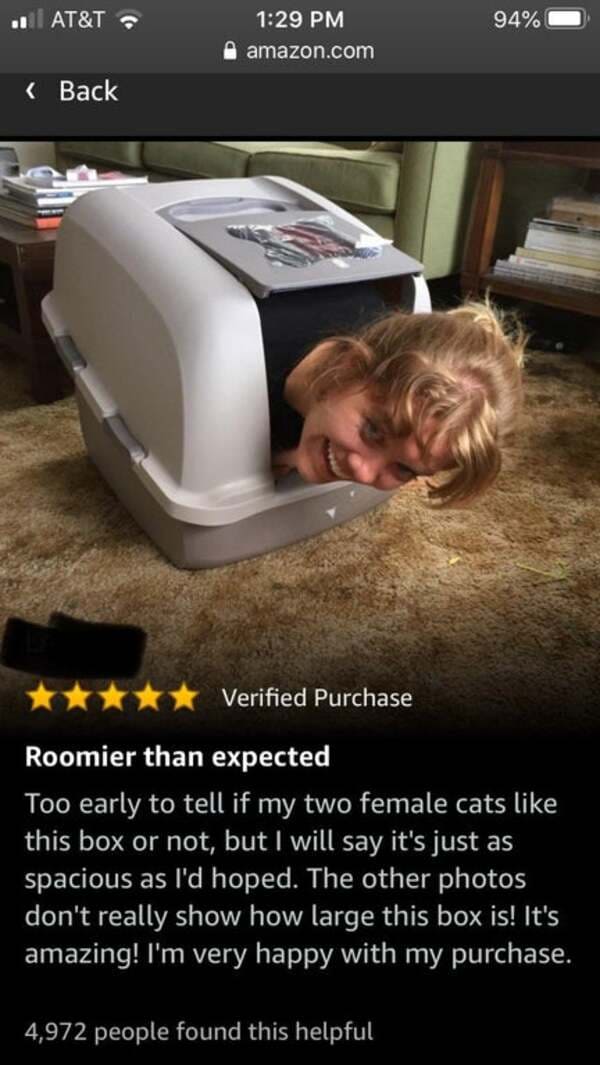 funny amazon reviews - kitty litter box with girl inside