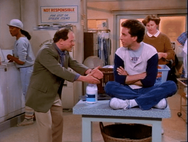 George and Jerry at the laundromat first episode of Seinfeld, Worst songs to listen to during sex, worst sex songs playlist, Spotify funny playlist, worst sex songs, funny songs to make love to, songs that are not sexy, pleated jeans Spotify