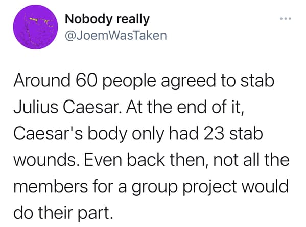 group project funny tweet - Around 60 people agreed to stabJulius Caesar. At the end of it, Caesar's body only had 23 stab wounds. Even back then, not all the members for a group project would do their part.