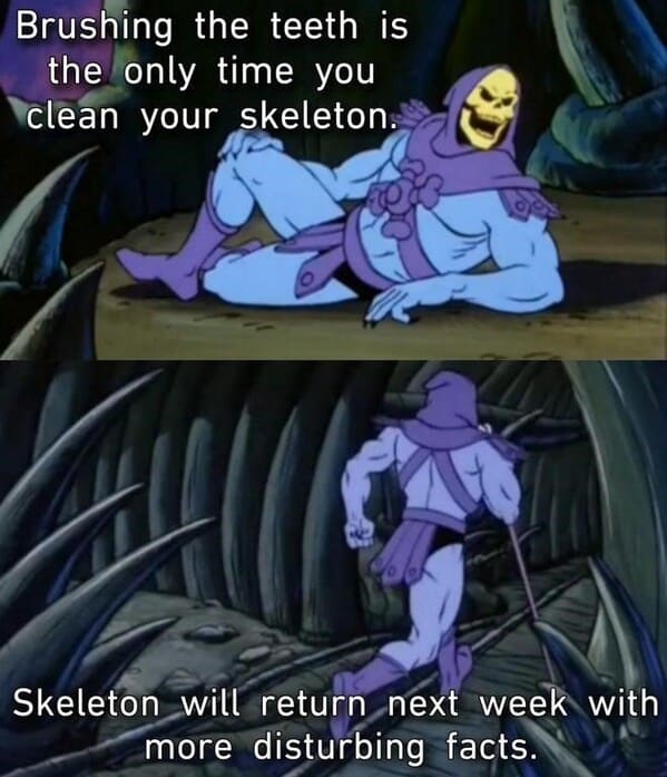 skeletor meme until we meet again - clean teeth your skeleton