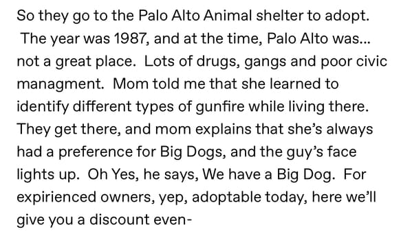 So they go to the Palo Alto Animal shelter to adopt. The year was 1987, and at the time, Palo Alto was... not a great place. Lots of drugs, gangs and poor civic managment. Mom told me that she learned to identify different types of gunfire while living there. They get there, and mom explains that she's always had a preference for Big Dogs, and the guy's face lights up. Oh Yes, he says, We have a Big Dog. For expirienced owners, yep, adoptable today, here we'll give you a discount even-