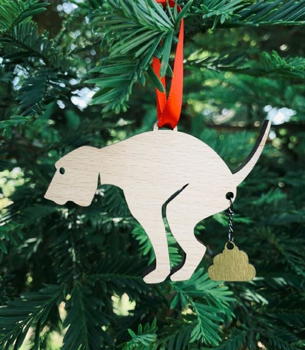dog pooping christmas tree ornament
