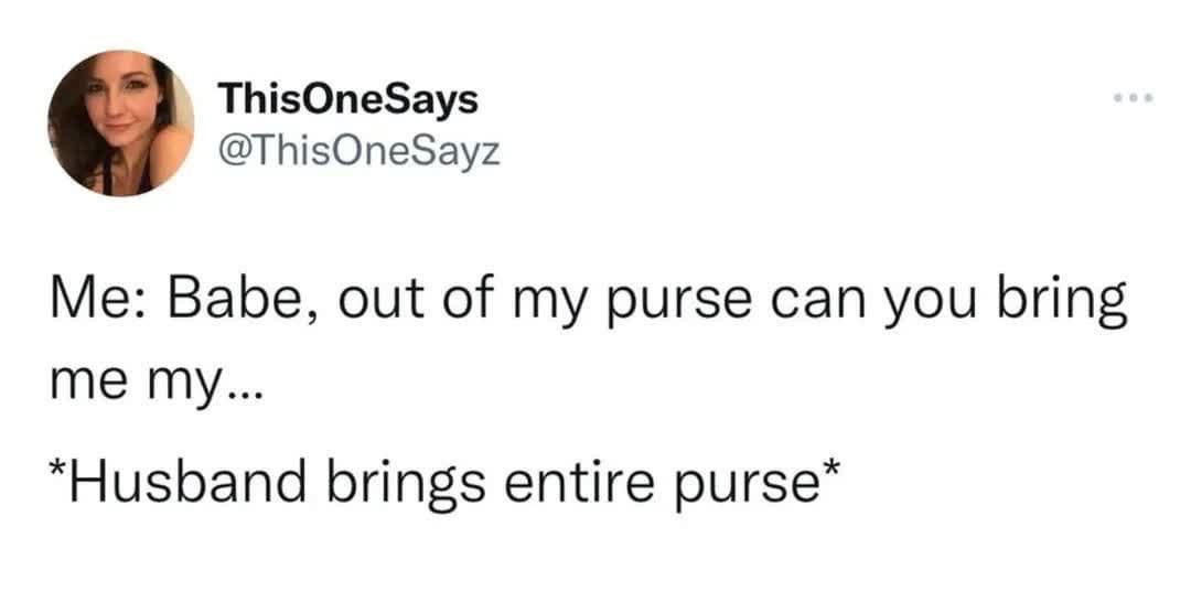 marriage meme - husband brings entire purse