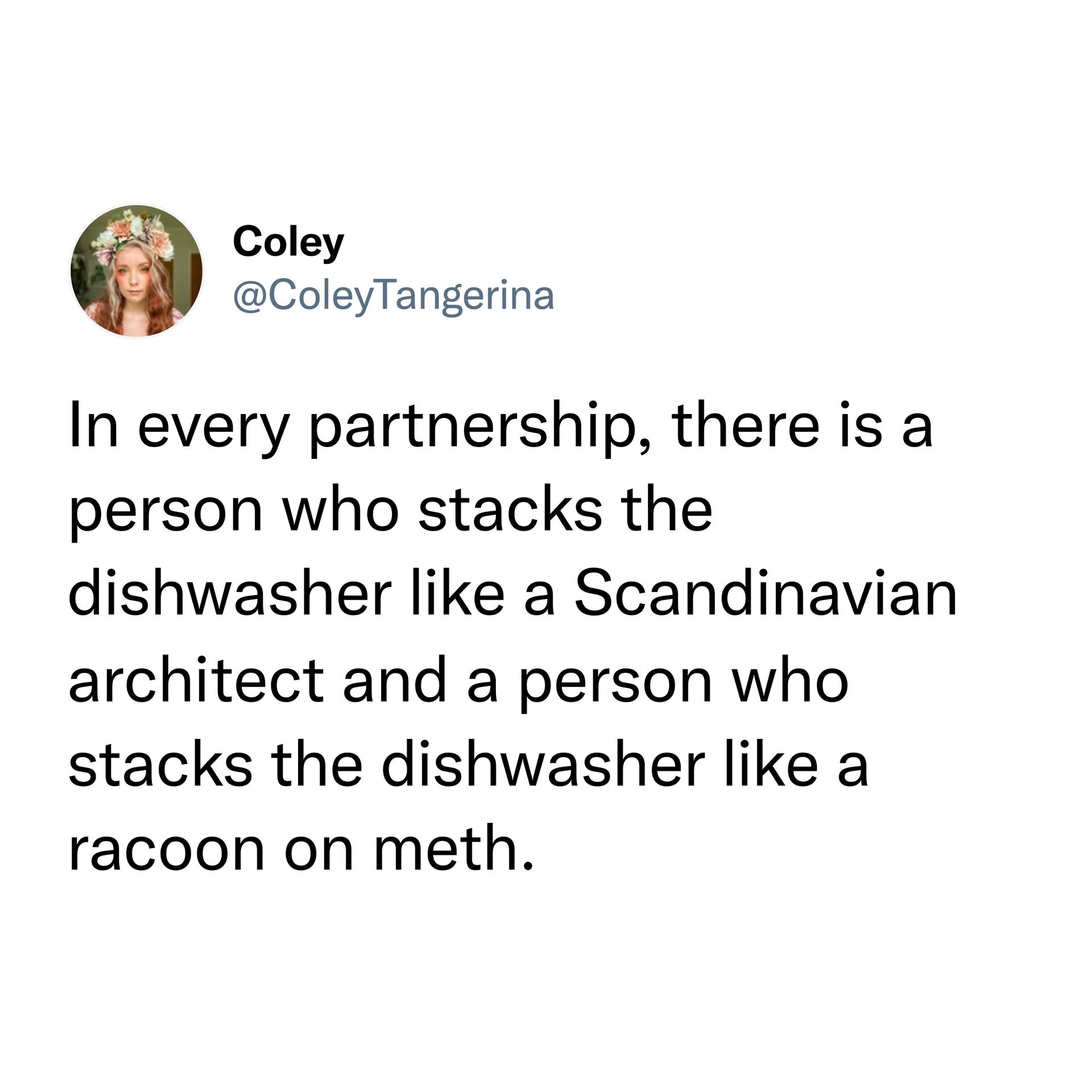 marriage tweet funny -In every partnership, there is a person who stacks the dishwasher like a Scandinavian a architect and a person who stacks the dishwasher like a racoon on meth.