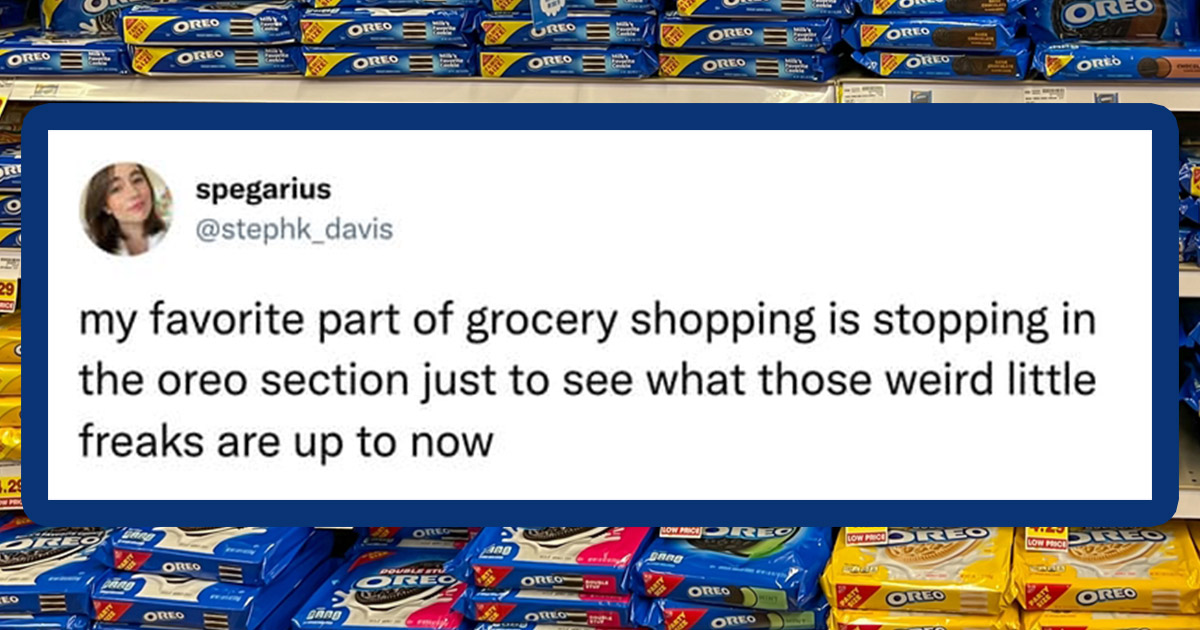 funny tweet - my favorite part of grocery shopping is stopping in the oreo section just to see what those weird little freaks are up to now