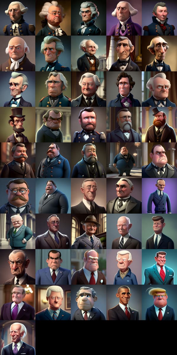 Guy Uses MidJourney AI To Create Every U.S. President As A Pixar Character