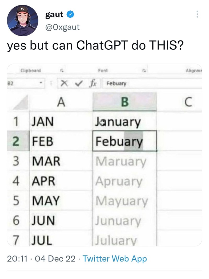 funny chatGPT tweets - excel dates