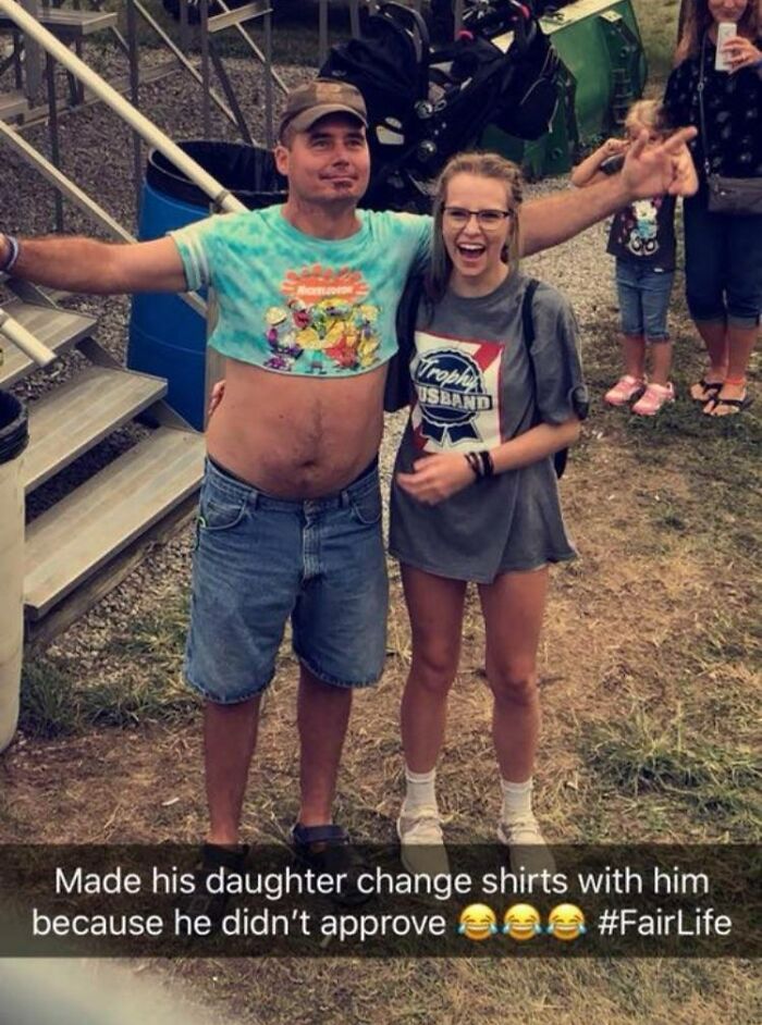 wholesome parent - dad swaps shirt with daughter