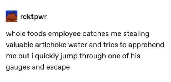 whole foods memes - whole foods employee catches me stealing valuable artichoke water and tries to apprehend me but i quickly jump through one of his gauges and escape tumblr post
