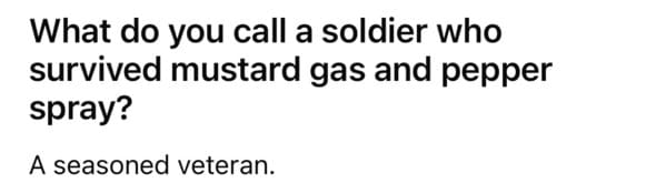 dad joke - seasoned veteran soldier survived mustard gas and pepper spray