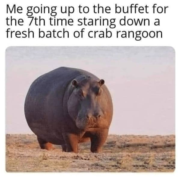 crab rangoon memes - going up to the buffet for the 7th time staring down fresh batch crab rangoon