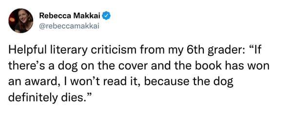 best parenting tweets march 2023 - dog on book cover dies