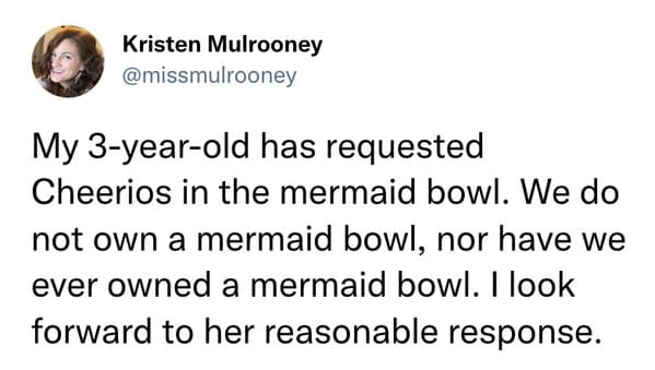 best parenting tweets march 2023 - cheerios in mermaid bowl