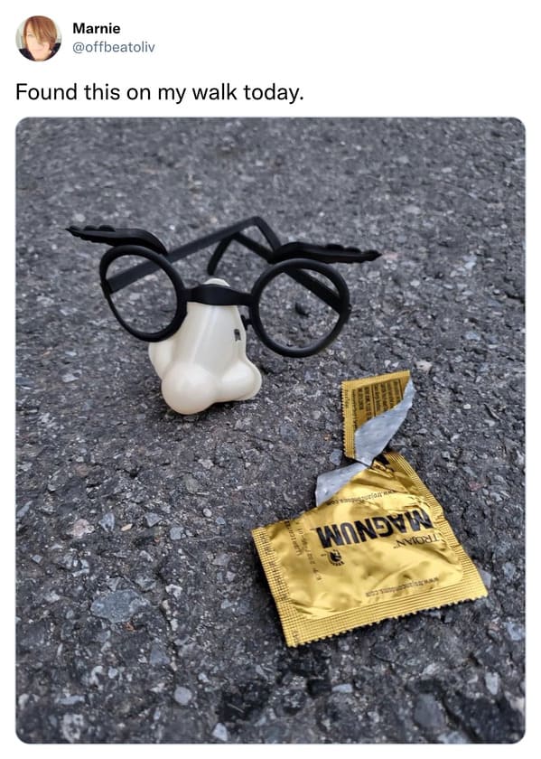 funniest tweets from women - magnum condom and glasses on ground