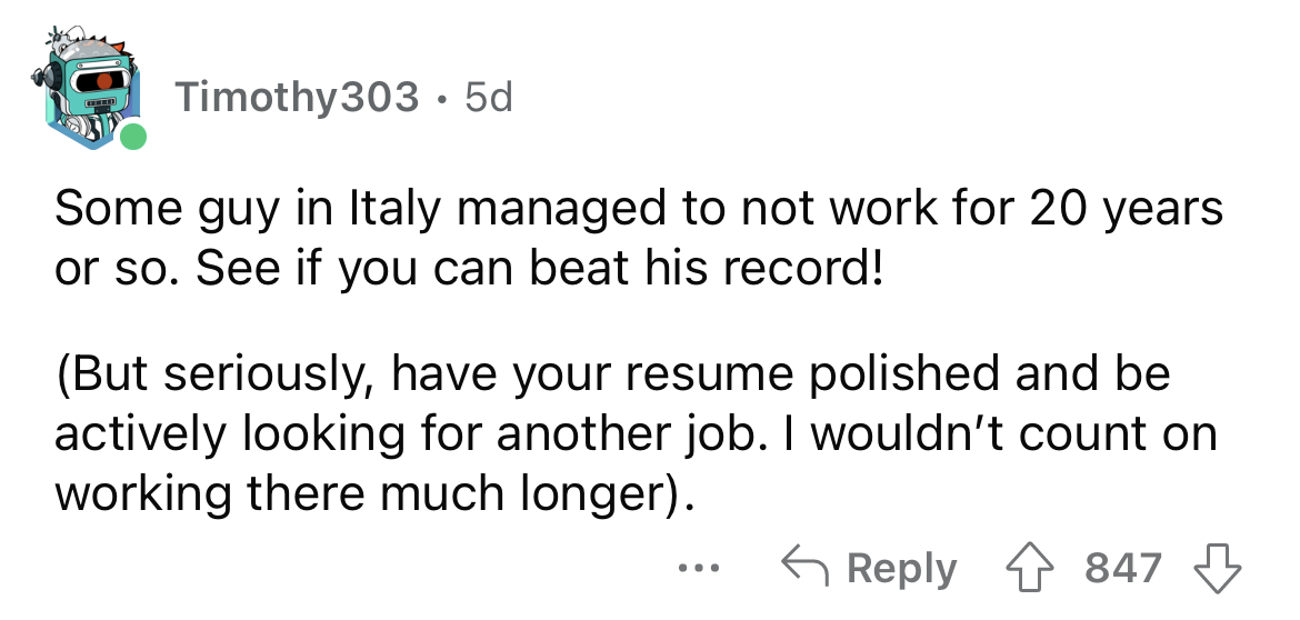 employee paid for not working after boss gets fired - Some guy in Italy managed too not work for 20 years
