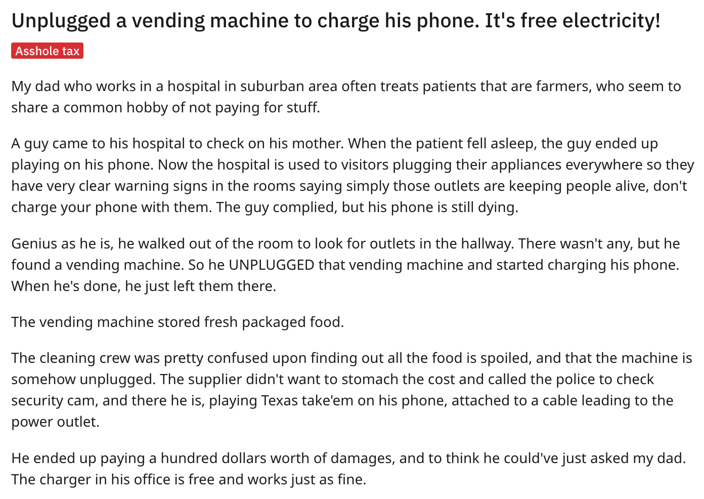 asshole tax - vending machine story