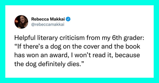 best parenting tweets march 2023 - dog on book cover dies