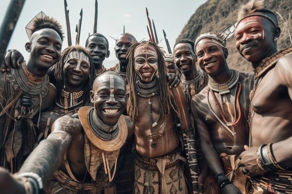 time period selfies - ancient african tribal warriors - midjourney ai art
