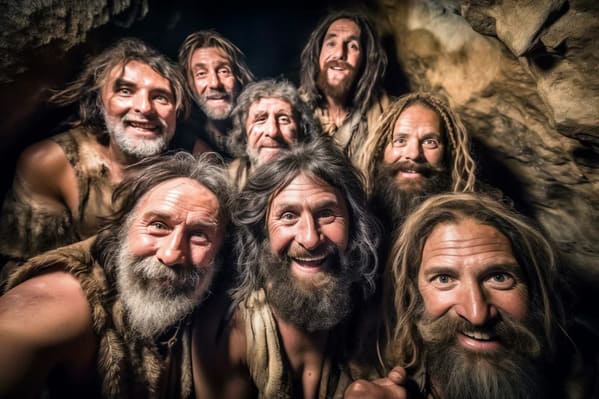 time period selfies - paleolithic cavemen - midjourney ai art