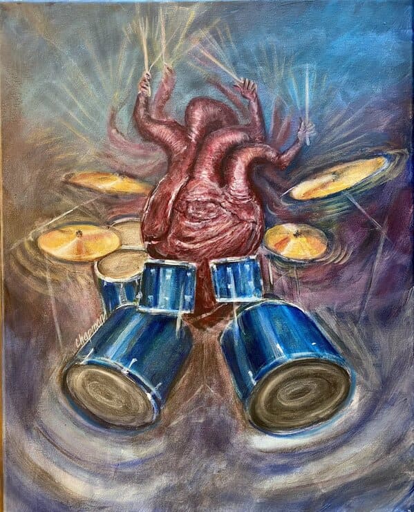 travis chapman art - panic attack - heart playing drums