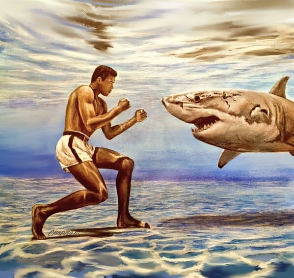 travis chapman art - muhammad ali versus great white shark