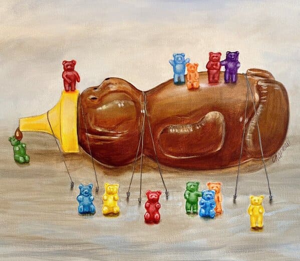 travis chapman art - gummies using superior numbers and organization to subdue a larger more powerful foe